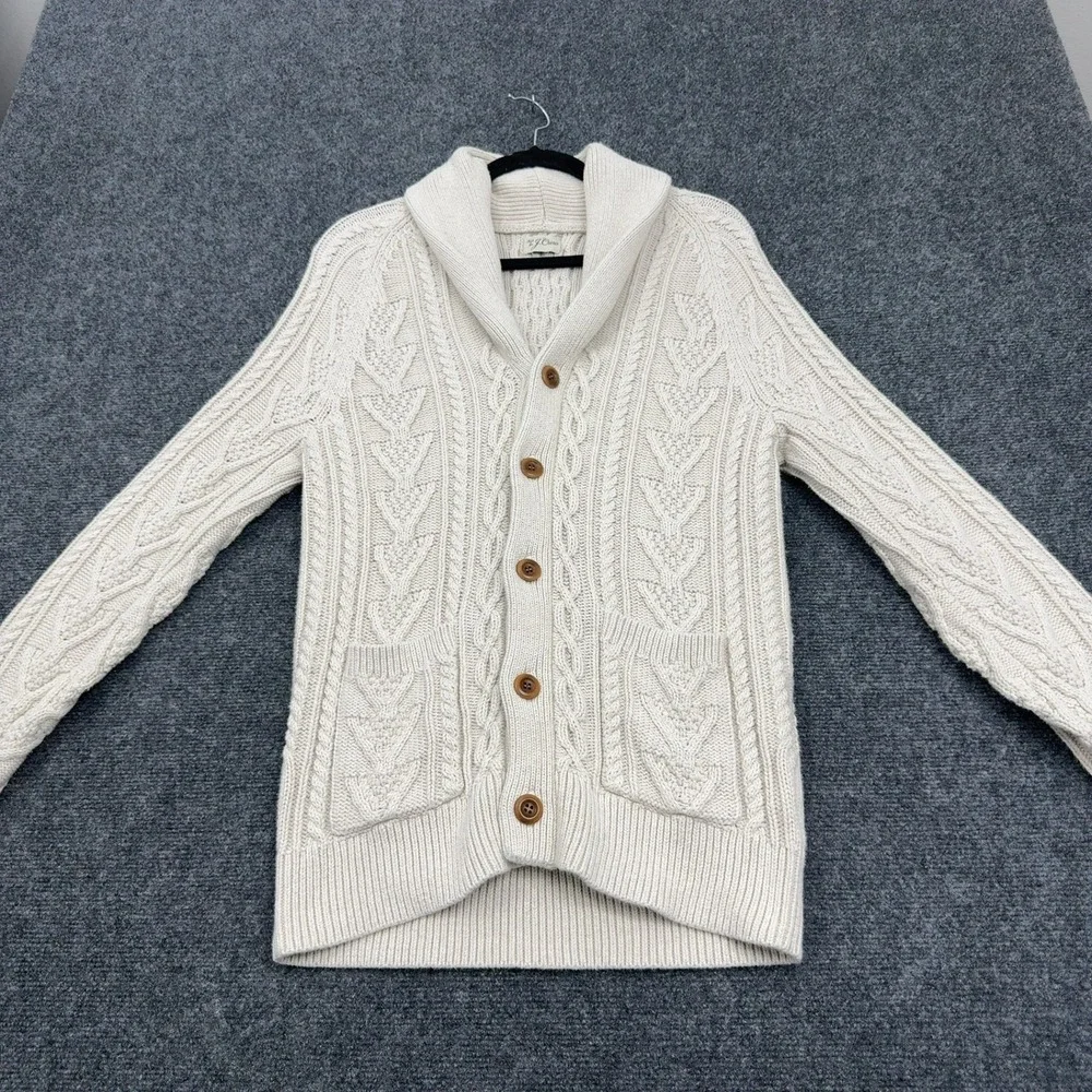 J Crew Cardigan Mens Cream Cotton Cable Knit Shawl Collar Classic Preppy